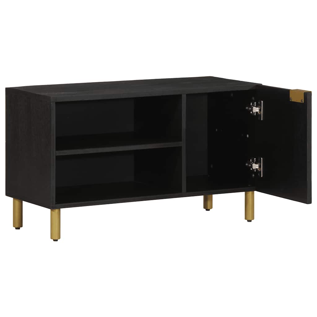The black media storage cabinet with its door ajar showing the interior shelves