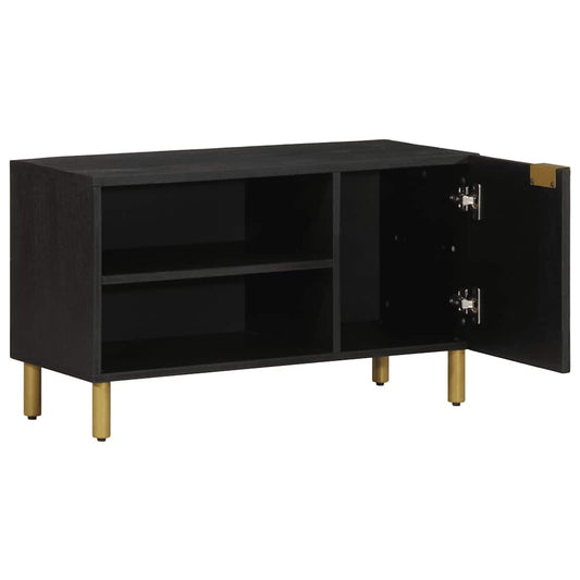 The black media storage cabinet with its door ajar showing the interior shelves