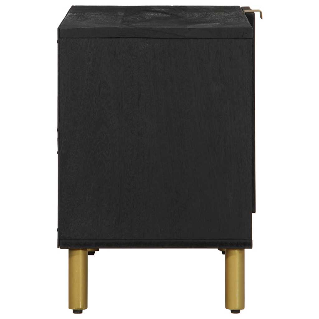 Side view of the black engineered wood media storage cabinet on gold legs