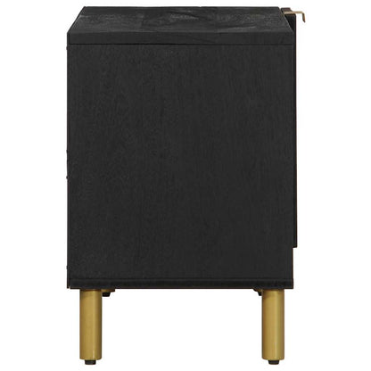Side view of the black engineered wood media storage cabinet on gold legs