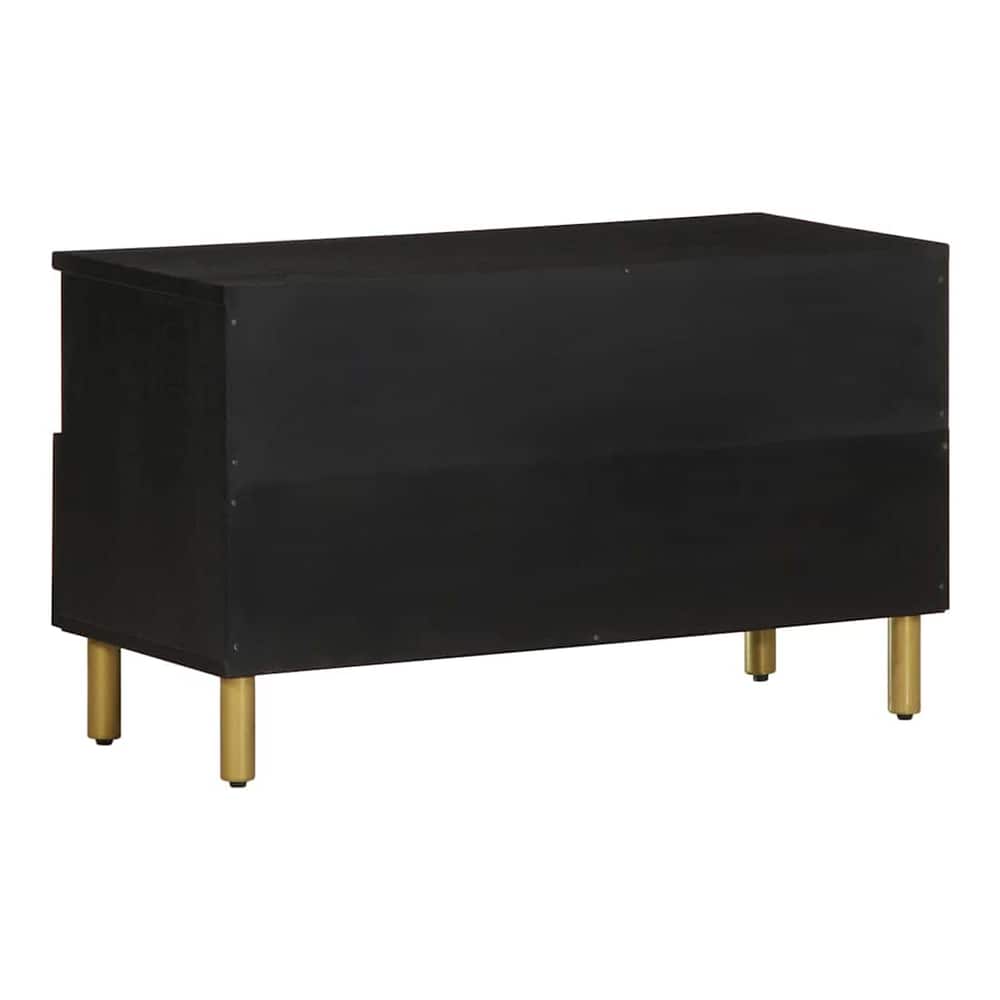 Rear view of the black engineered wood media storage cabinet with gold legs