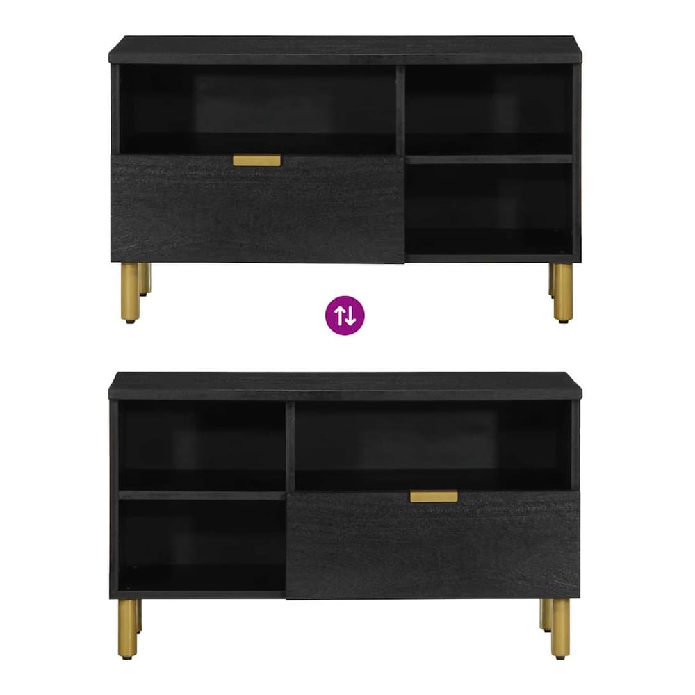 Two views of the black engineered wood media storage cabinet showing different shelf configurations