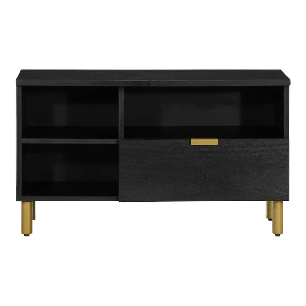 The black engineered wood media storage cabinet with gold legs