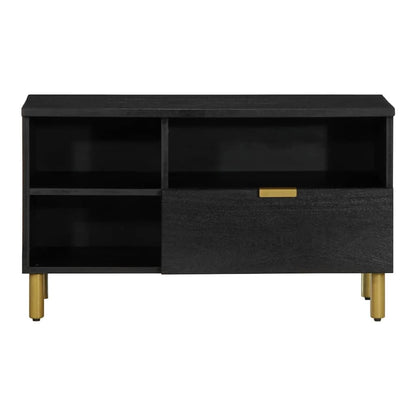 The black engineered wood media storage cabinet with gold legs