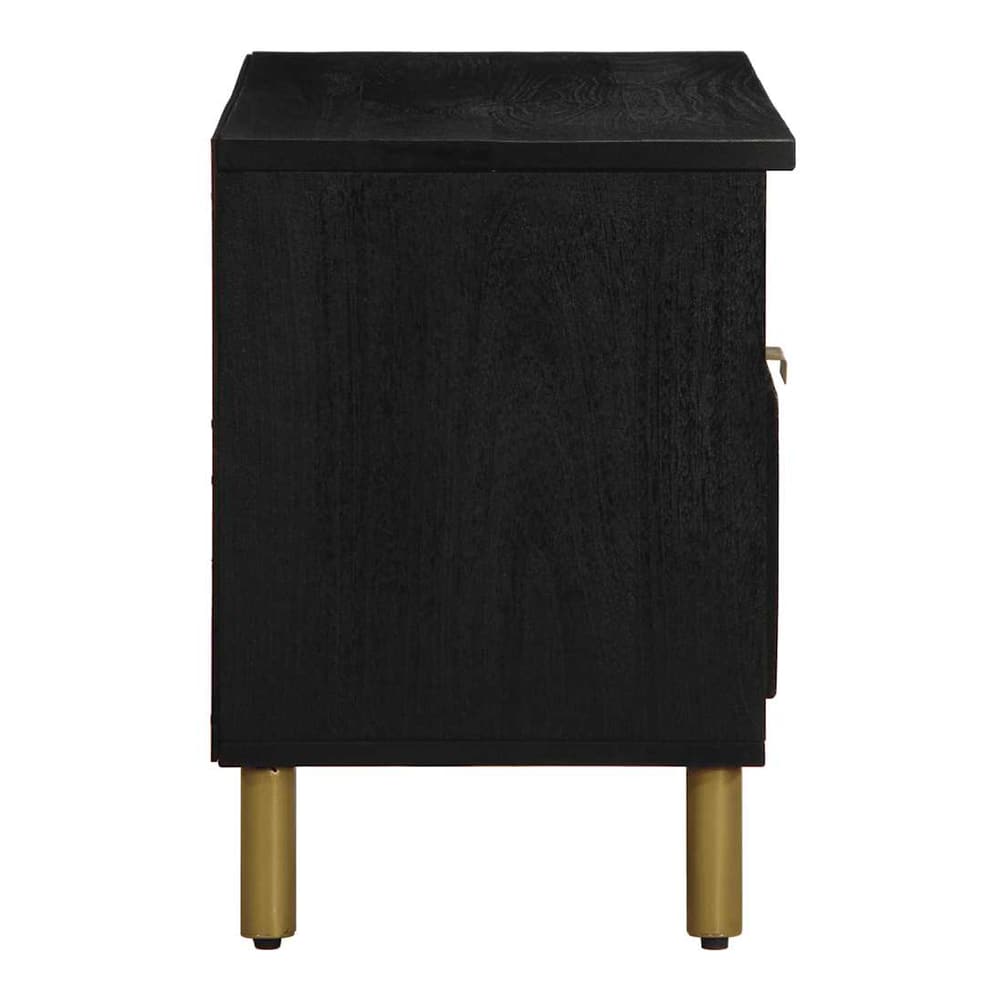 Side view of the black engineered wood media storage cabinet with gold legs