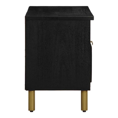 Side view of the black engineered wood media storage cabinet with gold legs