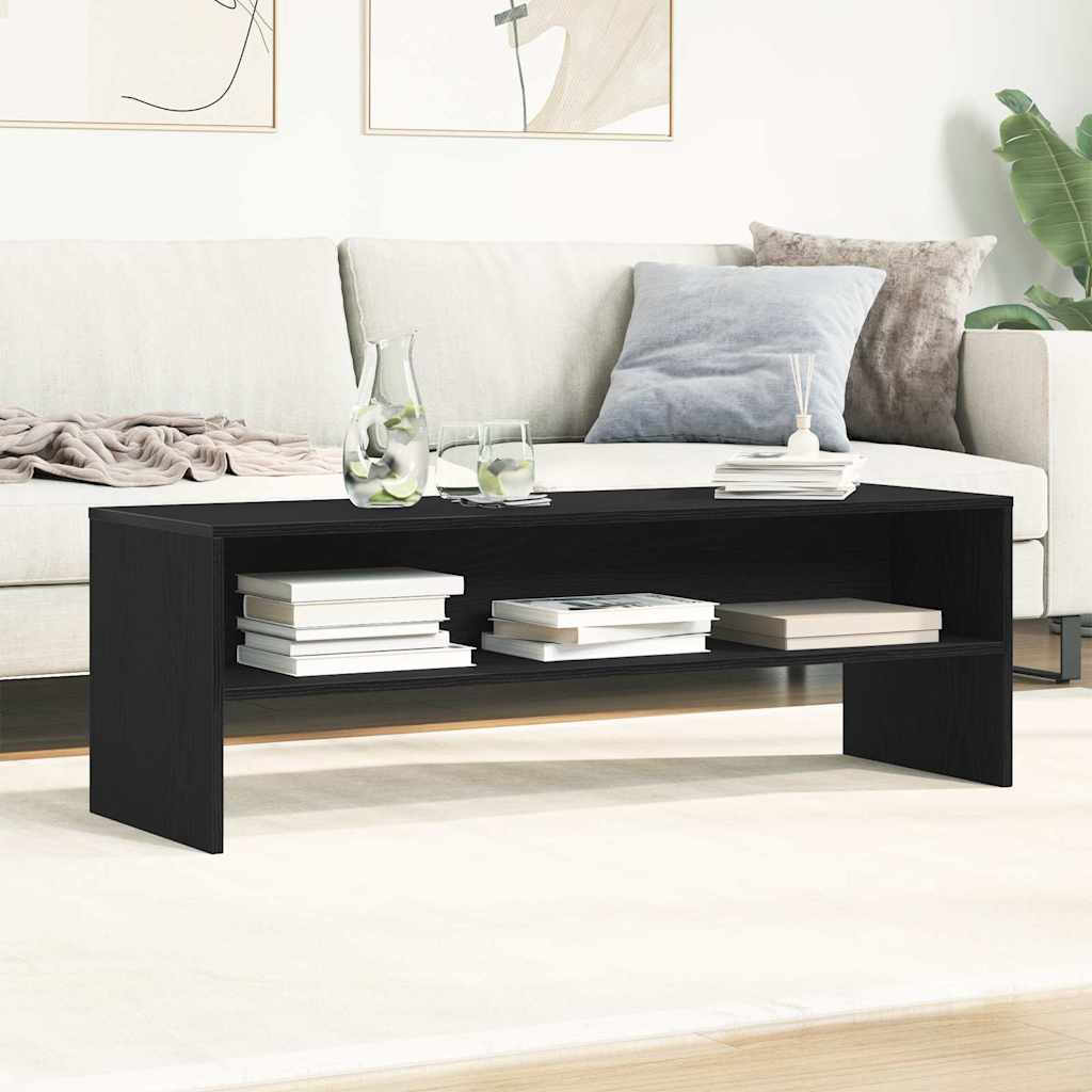 TV Cabinet Black Oak Engineered Wood, the TV stand used as a coffee table in front of a sofa with books and drinks on the