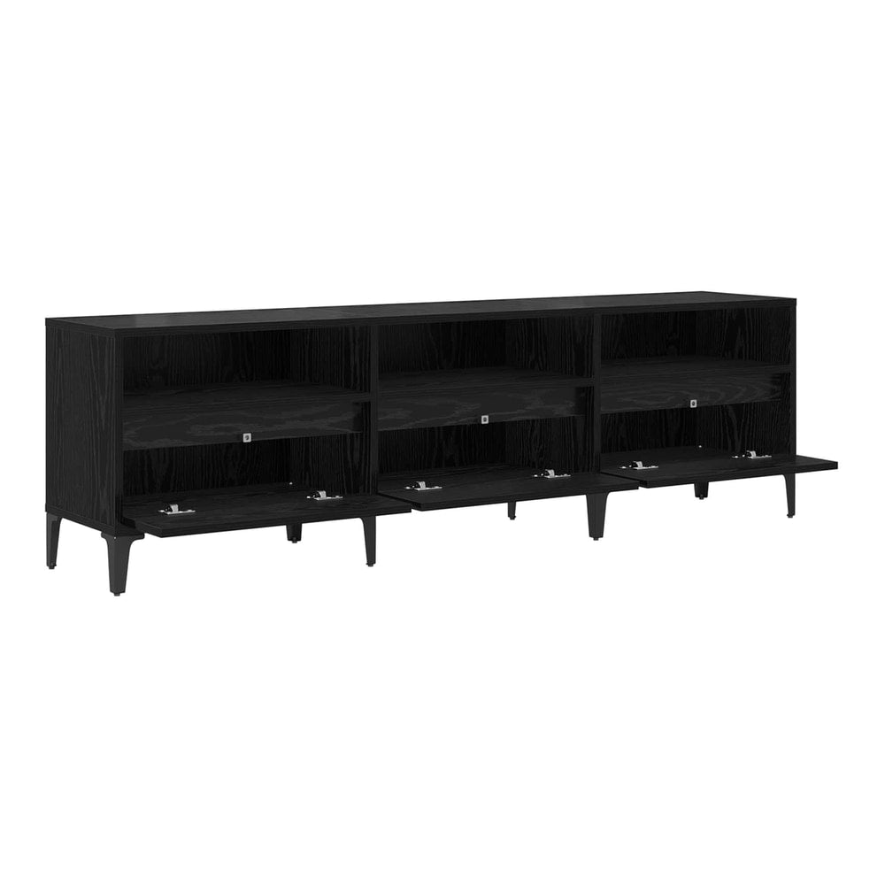 The black oak TV cabinet with three doors open showing storage compartments