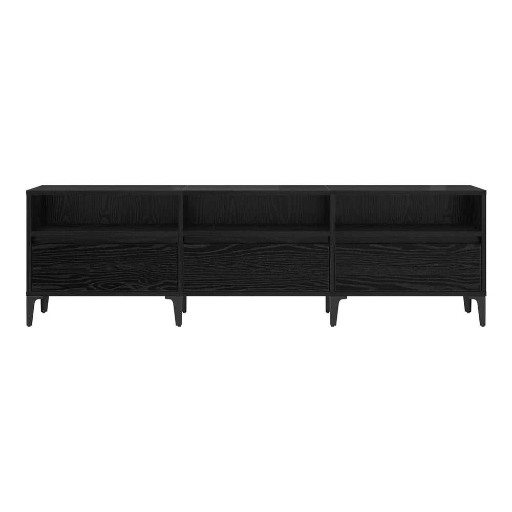 Black oak TV cabinet with three open shelves and three drawers shown from the front