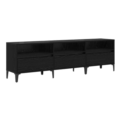 Black oak engineered wood and iron TV stand with three open shelves and three drawers