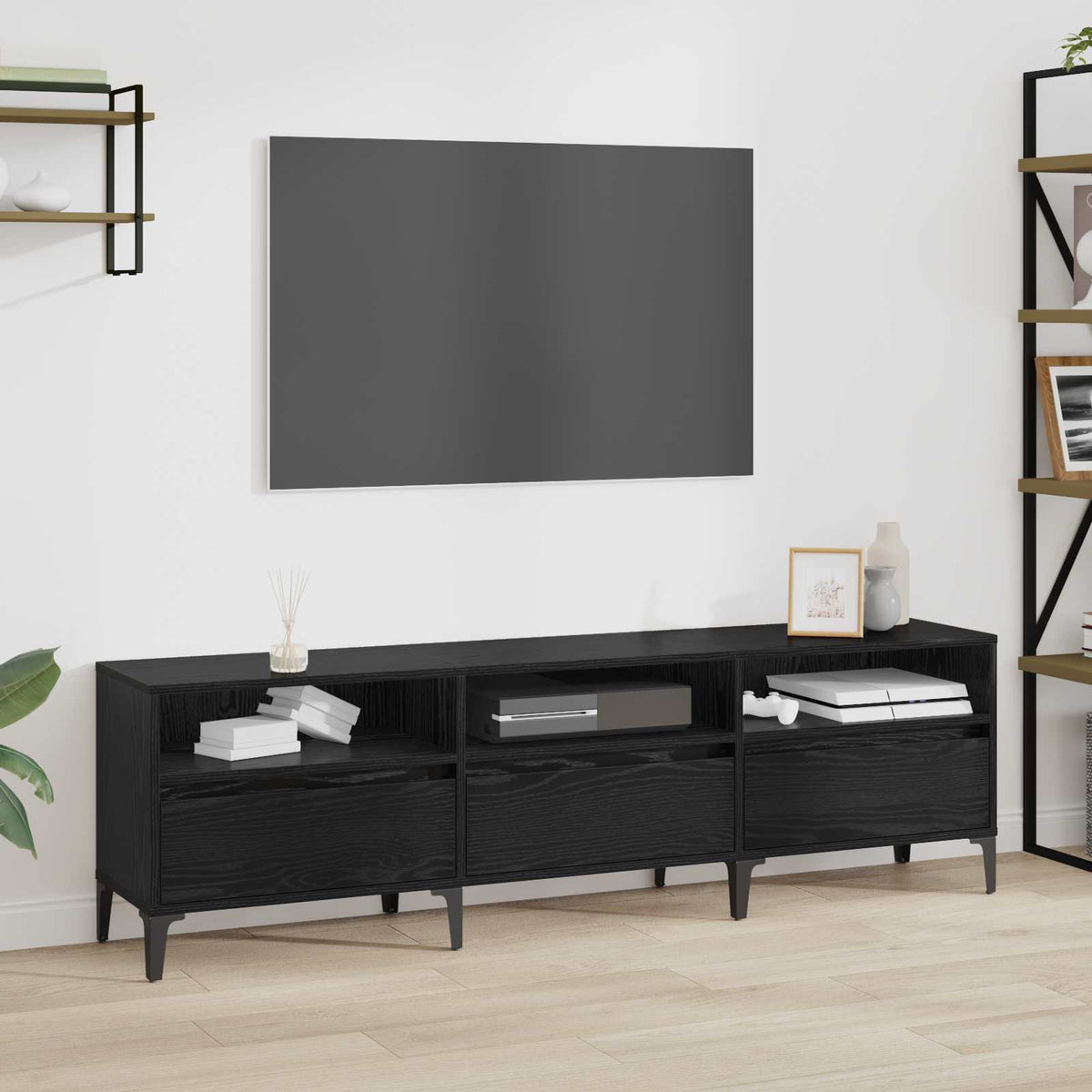 vidaXL TV Cabinet Black Oak Engineered Wood and Iron in a living room setting with a TV above