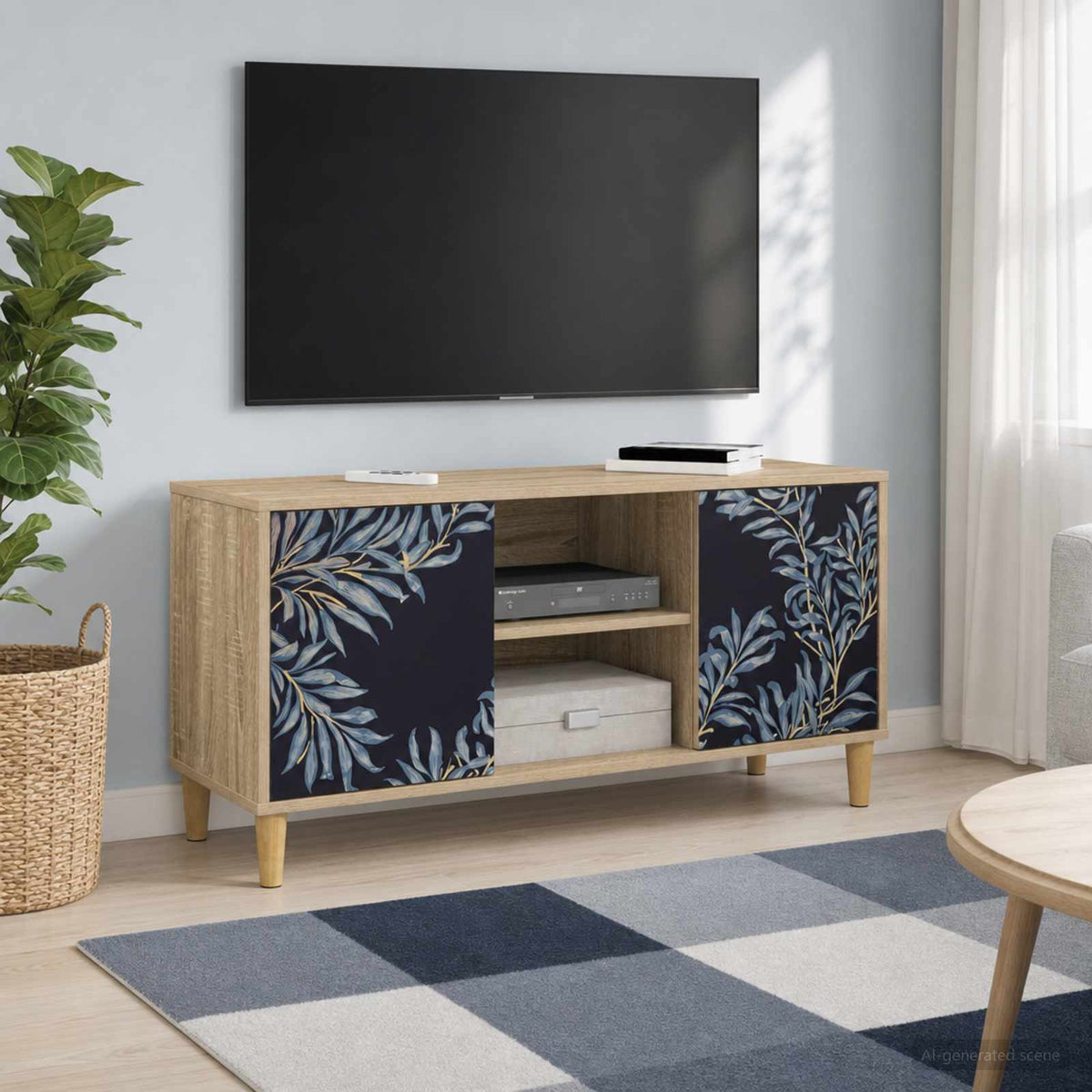 TV Cabinet BONN 102 x 33 x 50 cm Sonoma Engineered Wood Blue fern print