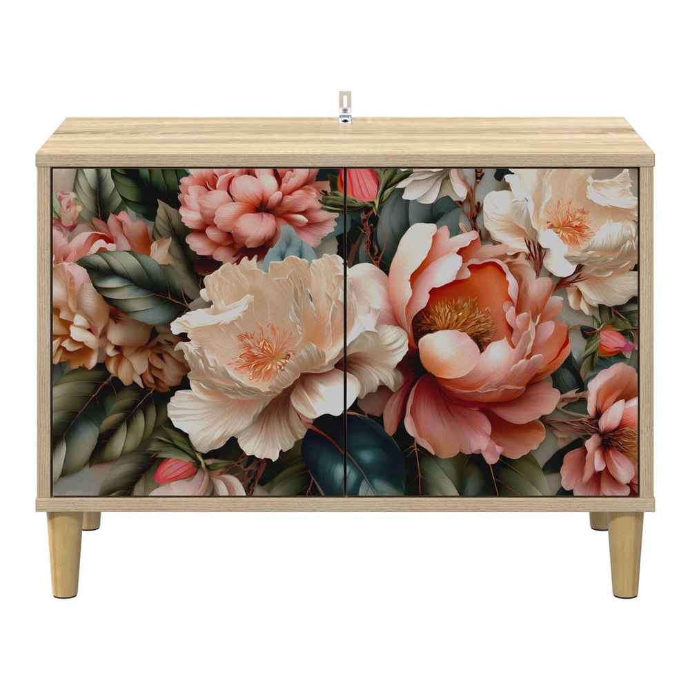 The TV cabinet has two doors with a large floral print and stands on four light wood effect legs