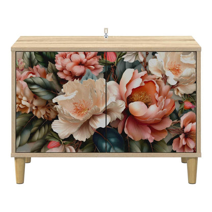 The TV cabinet has two doors with a large floral print and stands on four light wood effect legs