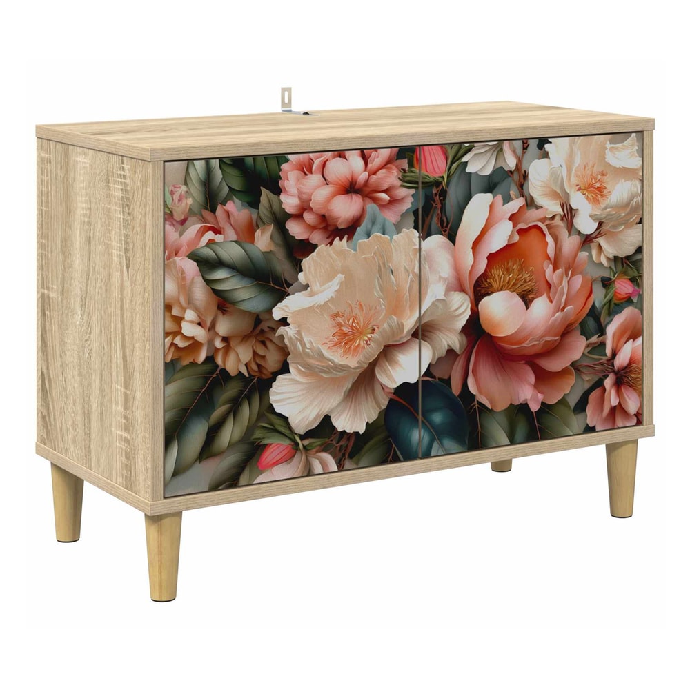 TV cabinet with floral printed doors and wooden legs
