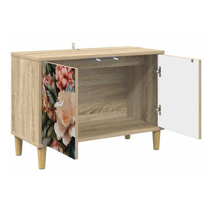 Open TV cabinet showing internal shelves and wooden legs