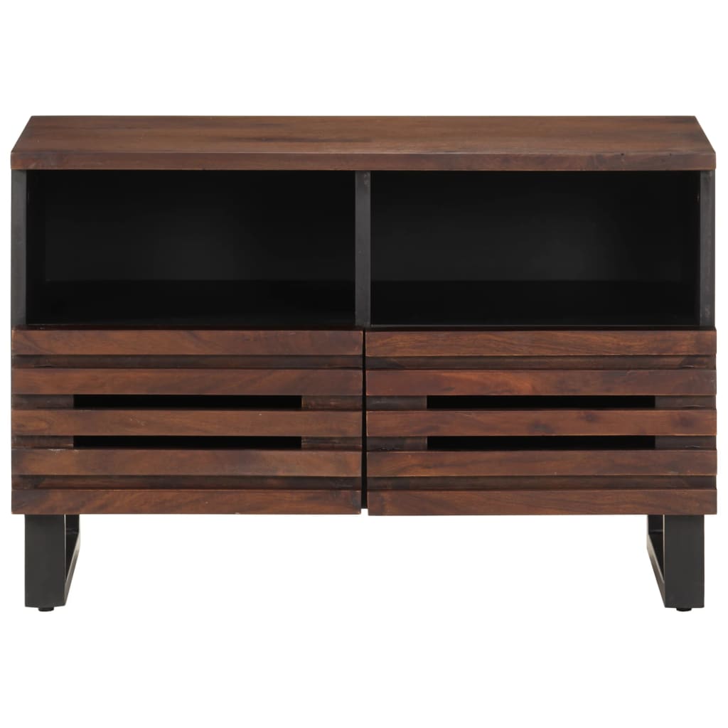 The media storage cabinet from the front, showing two open shelves and four slatted drawer fronts