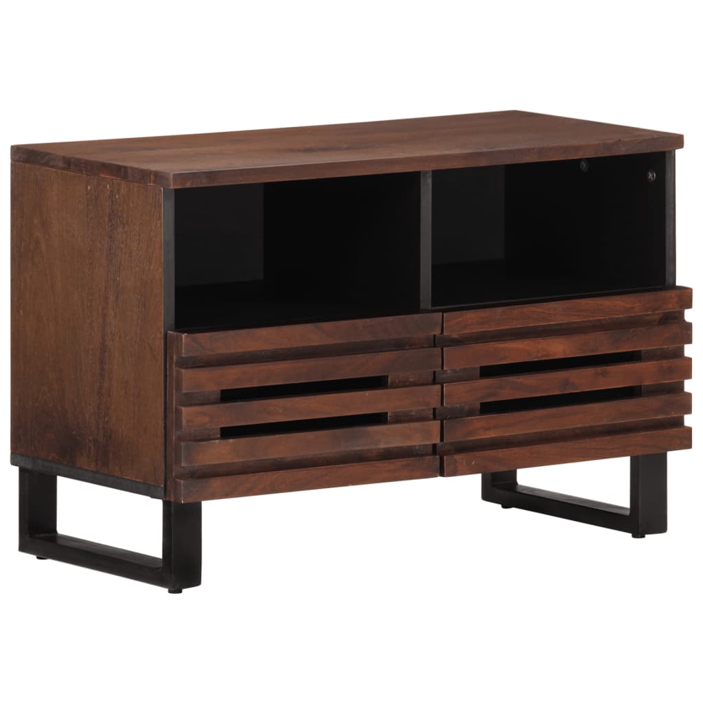 vidaXL TV Cabinet Brown Solid Wood Mango, a media storage cabinet with two open shelves above slatted drawers