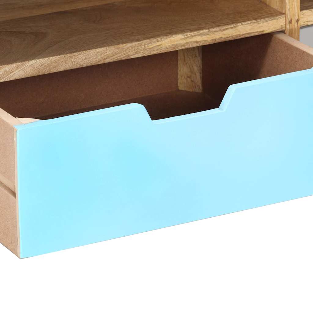 close up of the light blue drawer front and handle recess on the TV cabinet