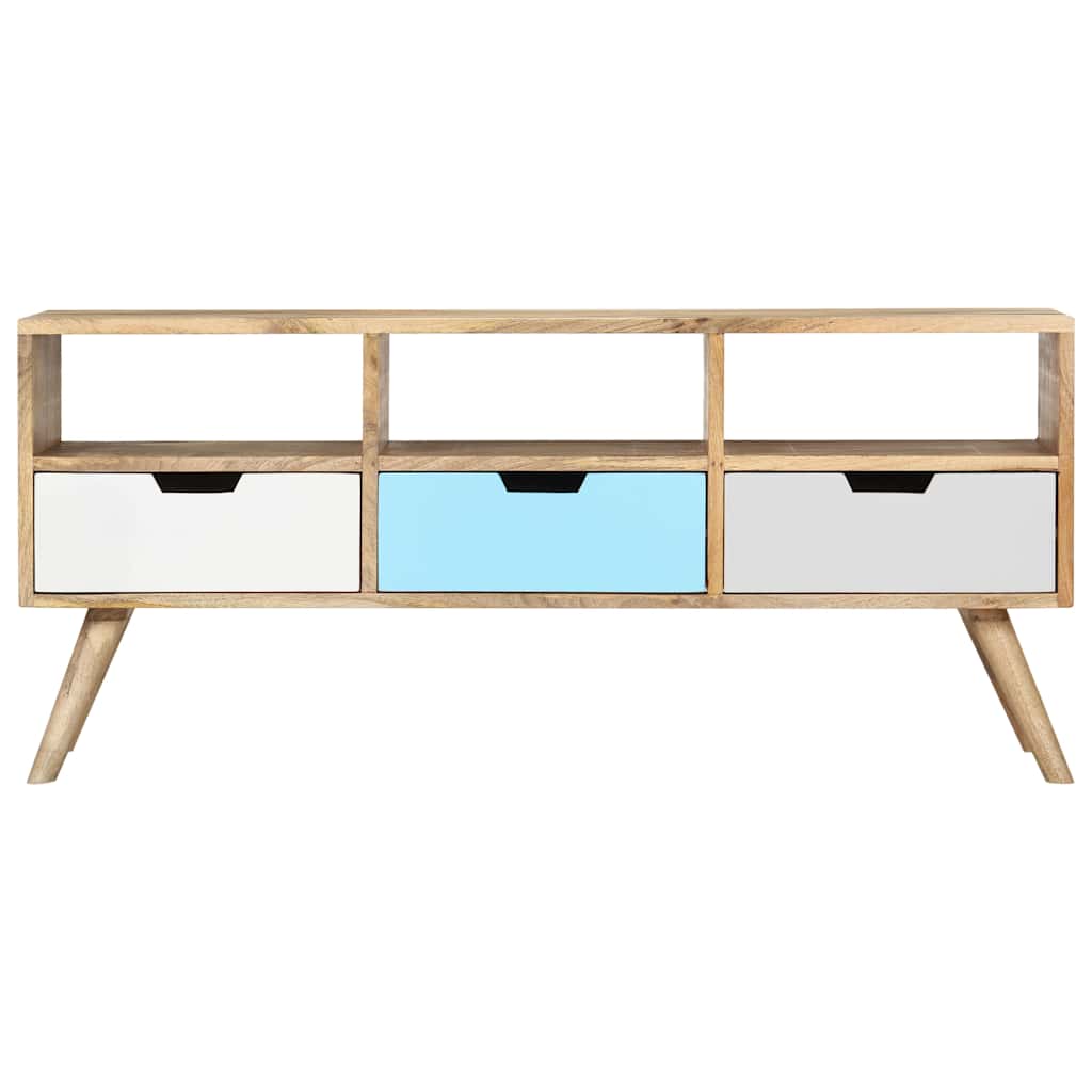 the solid mango wood TV stand showing the natural wood grain and three coloured drawers