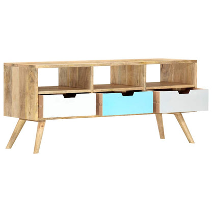 The TV cabinet has three open compartments and three drawers in white, light blue and grey