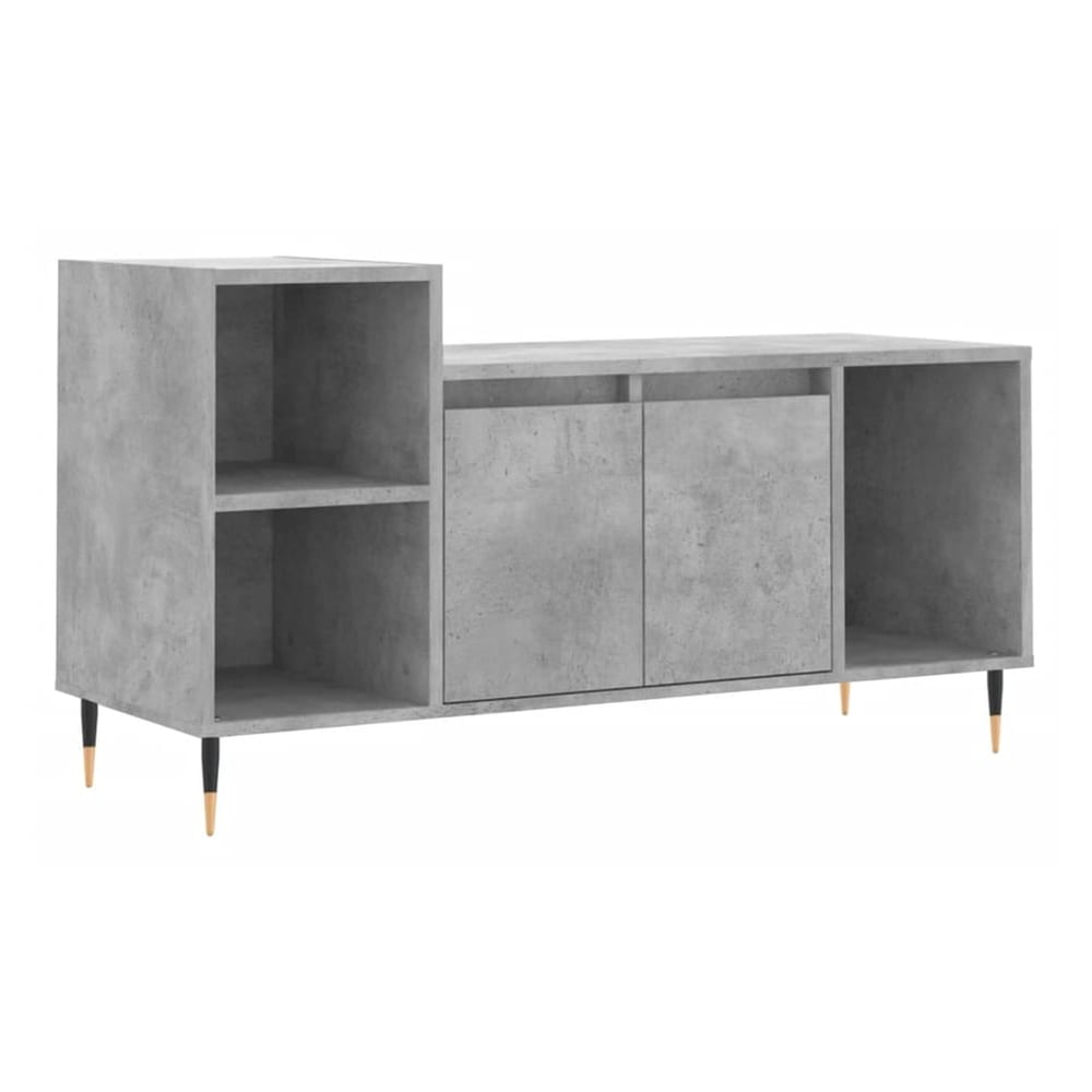 The concrete grey TV cabinet showing open shelving on the left and closed storage on the right