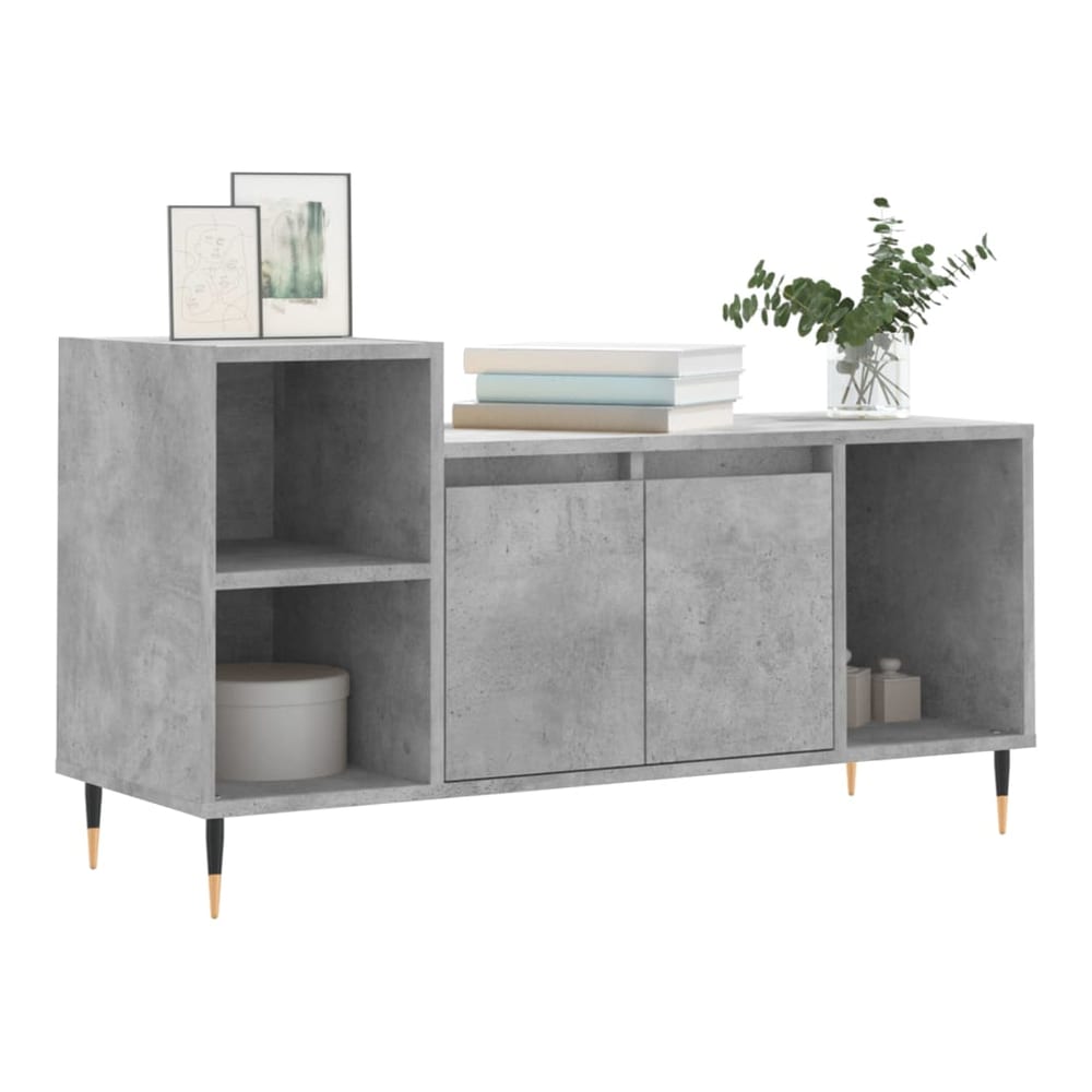 the concrete grey cabinet styled with books and decor
