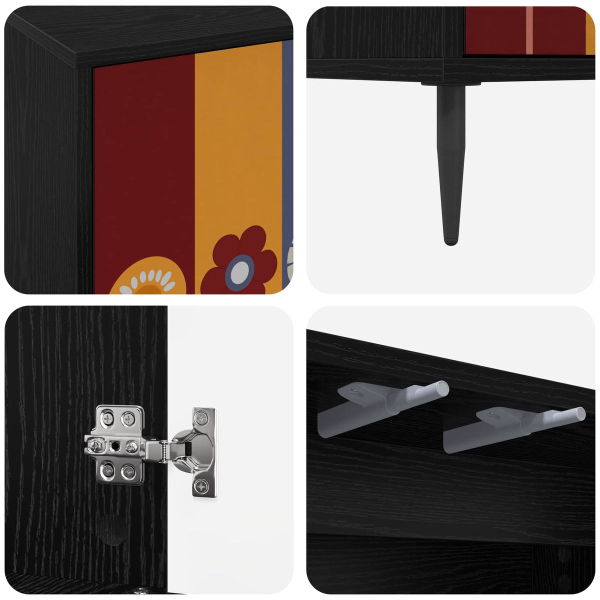 Close up of cabinet hinge and shelf supports