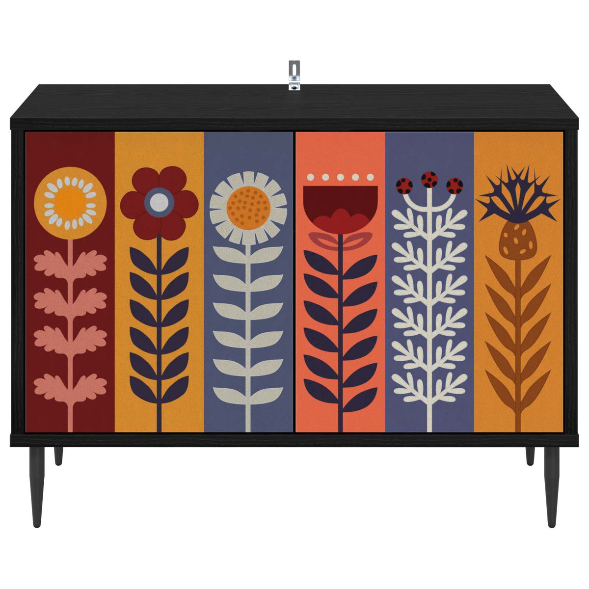 TV cabinet with colourful floral pattern on doors and black legs