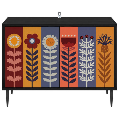 TV cabinet with colourful floral pattern on doors and black legs
