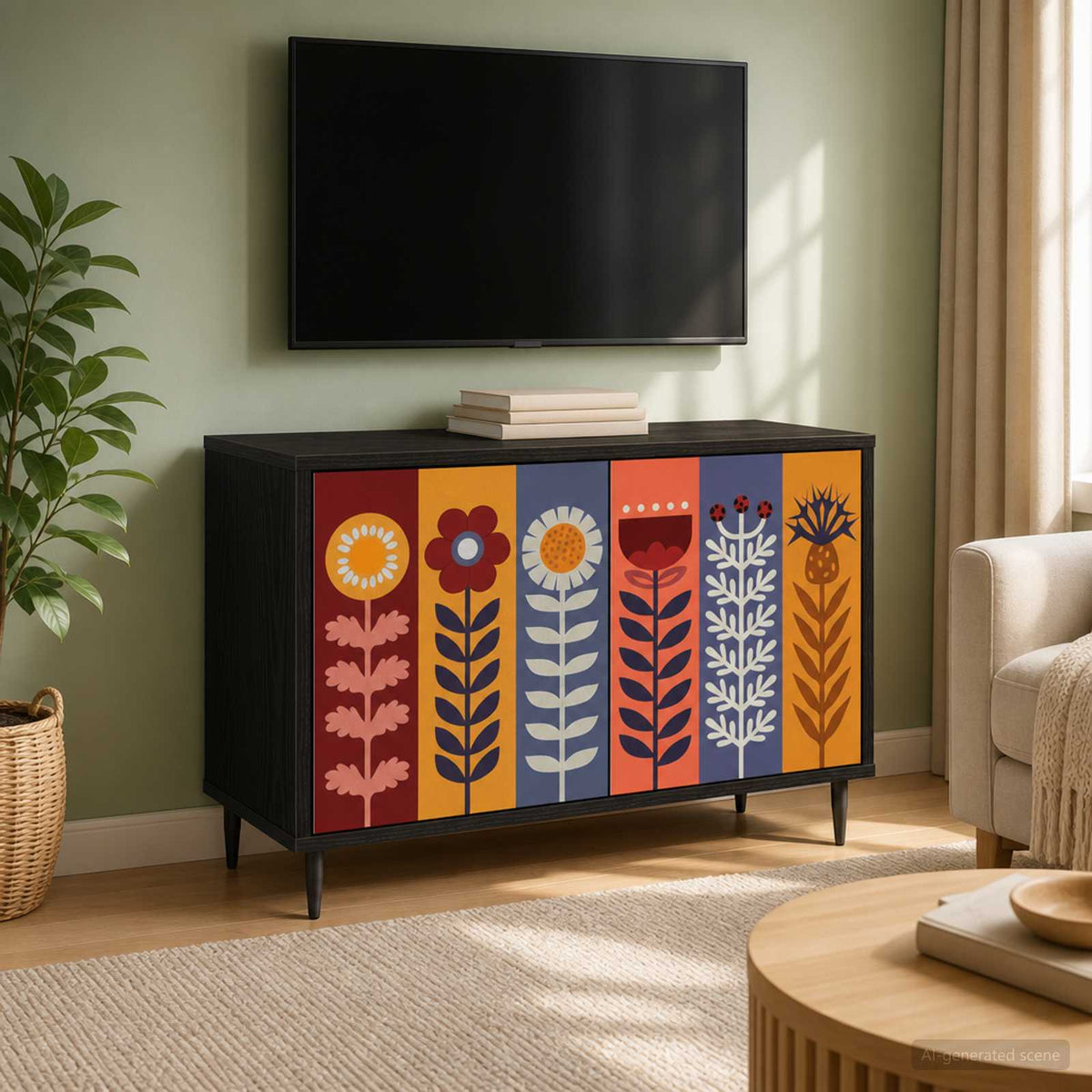 vidaXL TV Cabinet ESSEN Black Oak Engineered Wood with colourful floral pattern on doors
