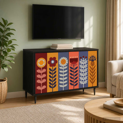 vidaXL TV Cabinet ESSEN Black Oak Engineered Wood with colourful floral pattern on doors