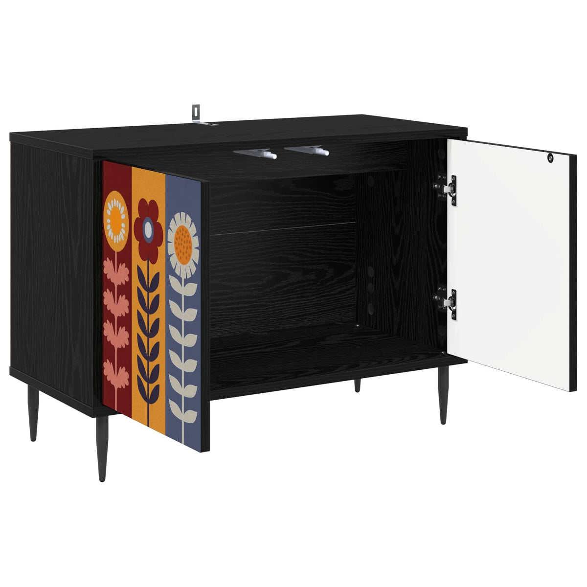 Open TV cabinet showing storage space and white interior doors