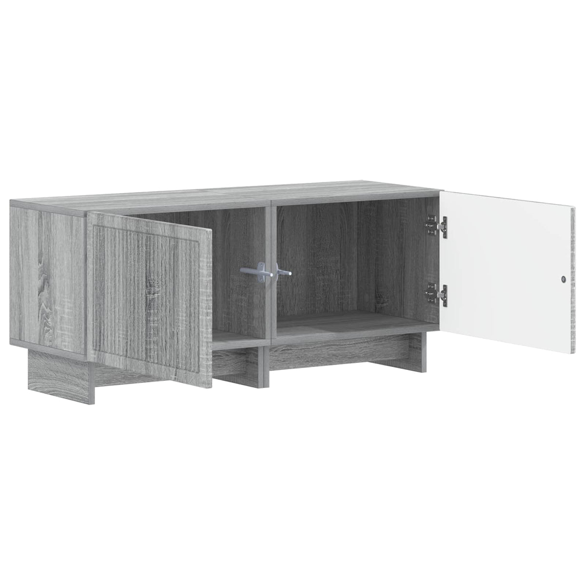 The TV cabinet with both cupboard doors open revealing the internal storage space