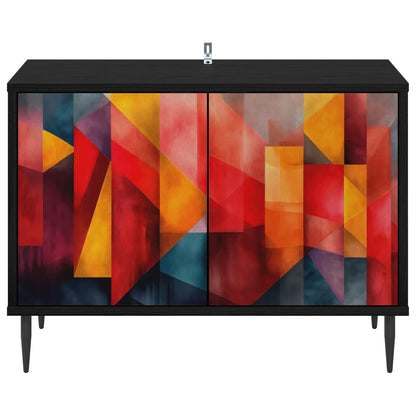 The TV cabinet viewed directly from the front showing the vibrant abstract door design