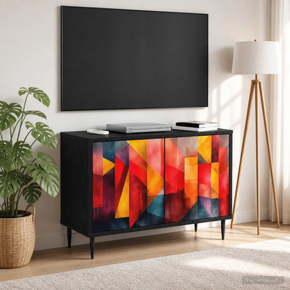 The TV cabinet shown in a bright living room setting with a plant and floor lamp nearby
