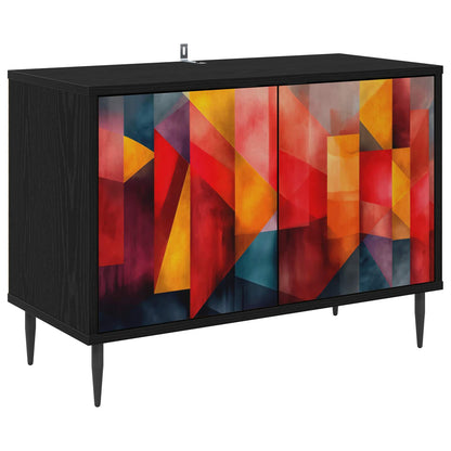 The TV cabinet with black frame and colourful geometric patterned doors on a white background