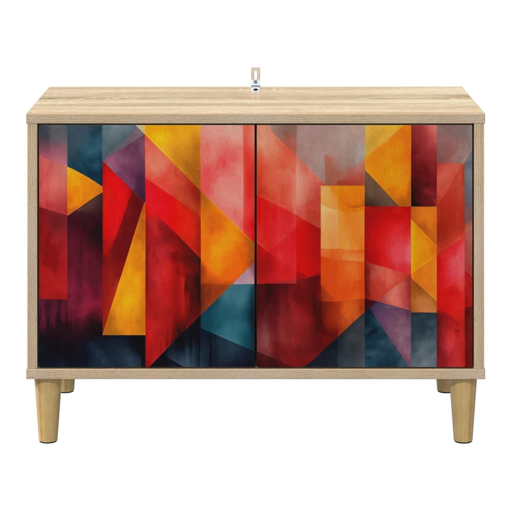 A closed TV cabinet with a vibrant geometric design on the doors