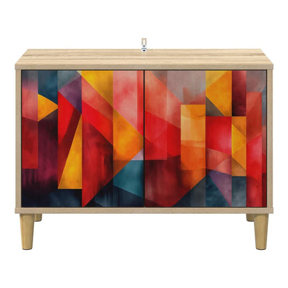 A closed TV cabinet with a vibrant geometric design on the doors