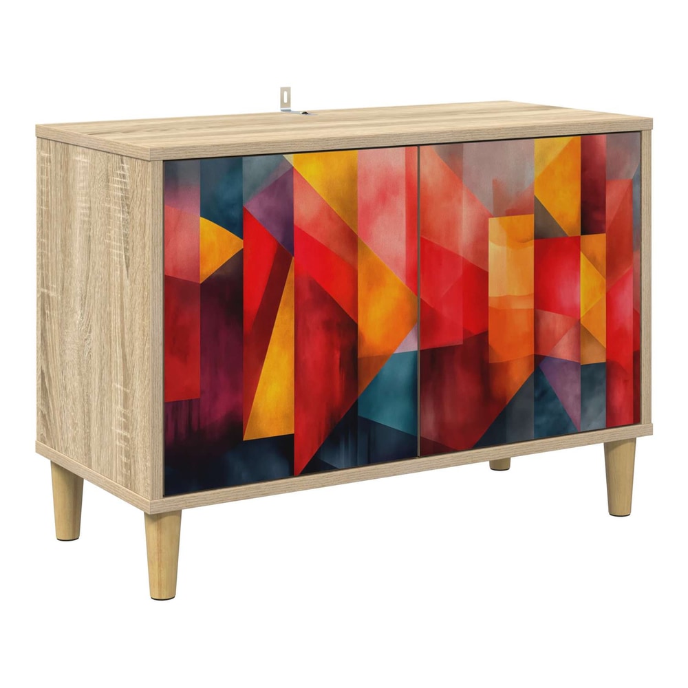 The TV cabinet has a colourful geometric pattern on its doors and a wood effect finish