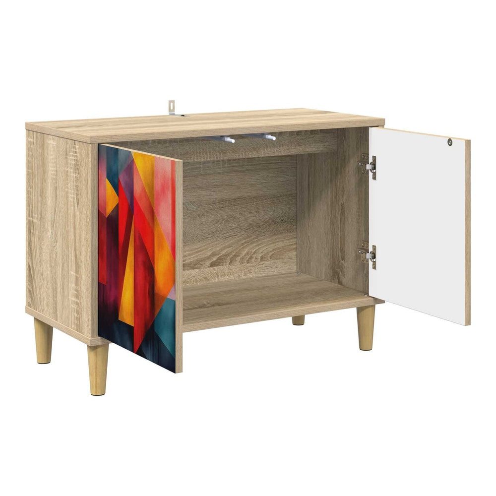 The TV cabinet with its doors open showing the internal storage space and colourful geometric pattern on the left door
