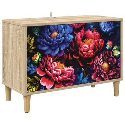 The TV cabinet with a floral pattern on the doors standing on a white background
