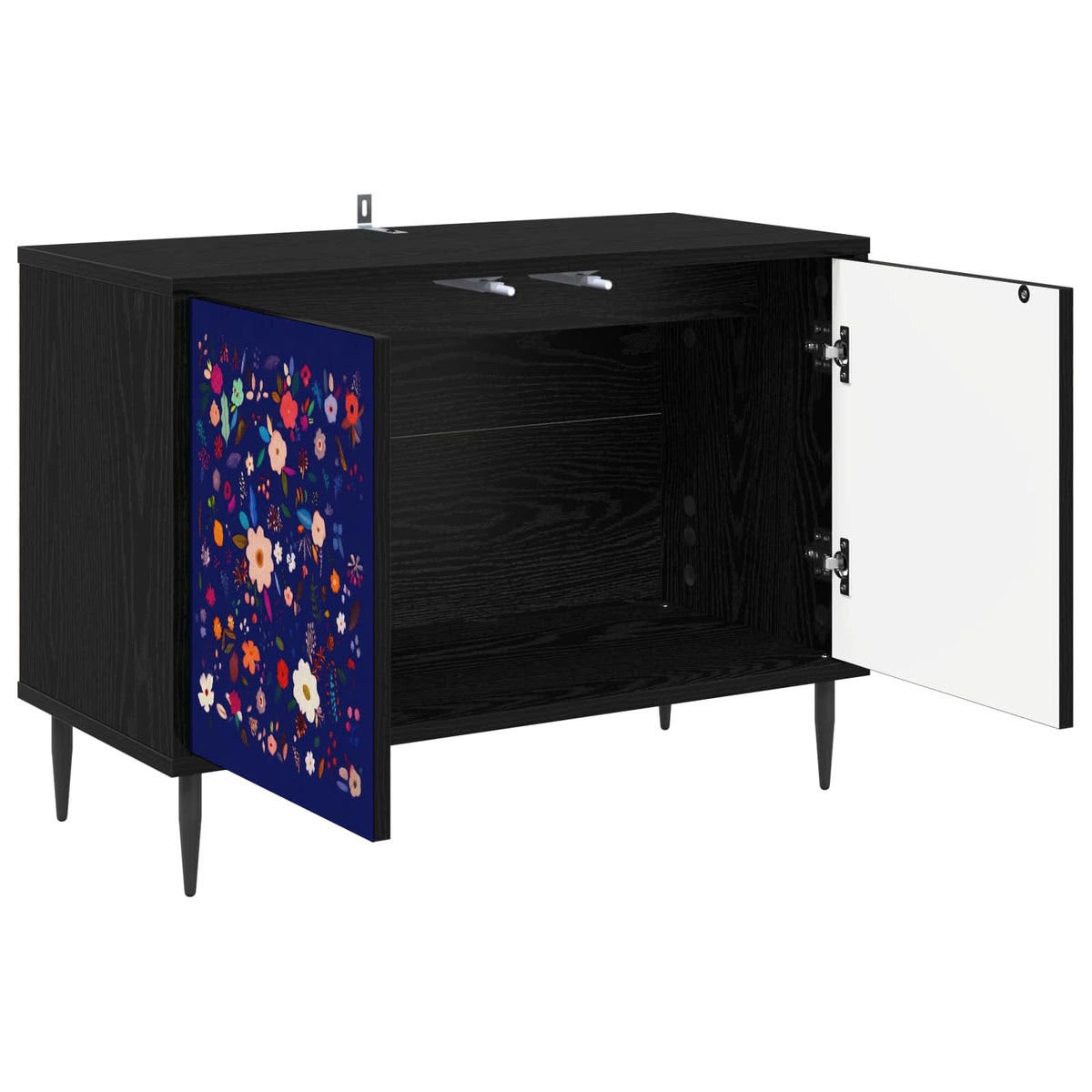The TV cabinet with doors open, showing the interior space