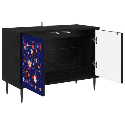 The TV cabinet with doors open, showing the interior space
