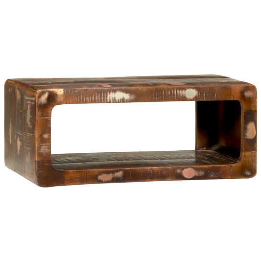 The media storage cabinet, showing the rustic texture and multicoloured finish of the reclaimed wood