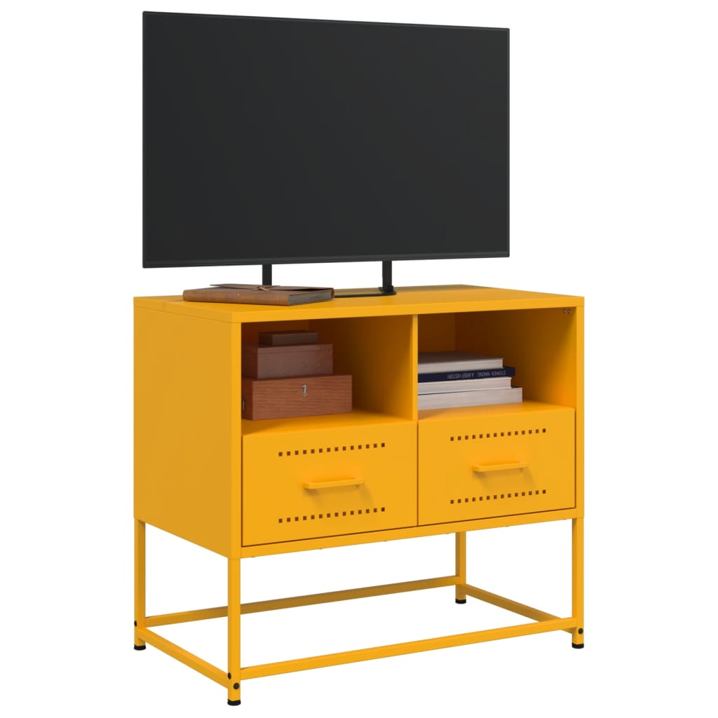 The mustard yellow TV cabinet with a television placed on top in a studio setting