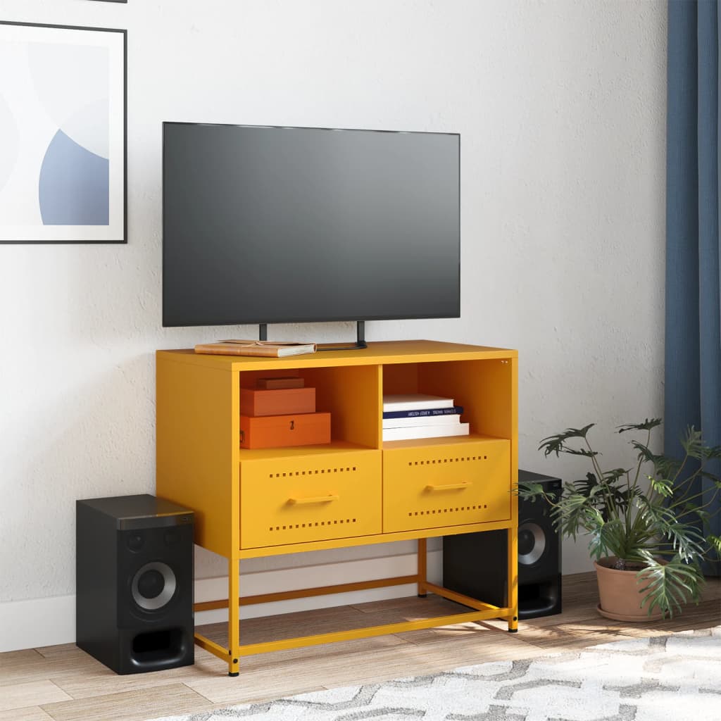 The yellow TV cabinet placed in a living room with a television and speakers on top