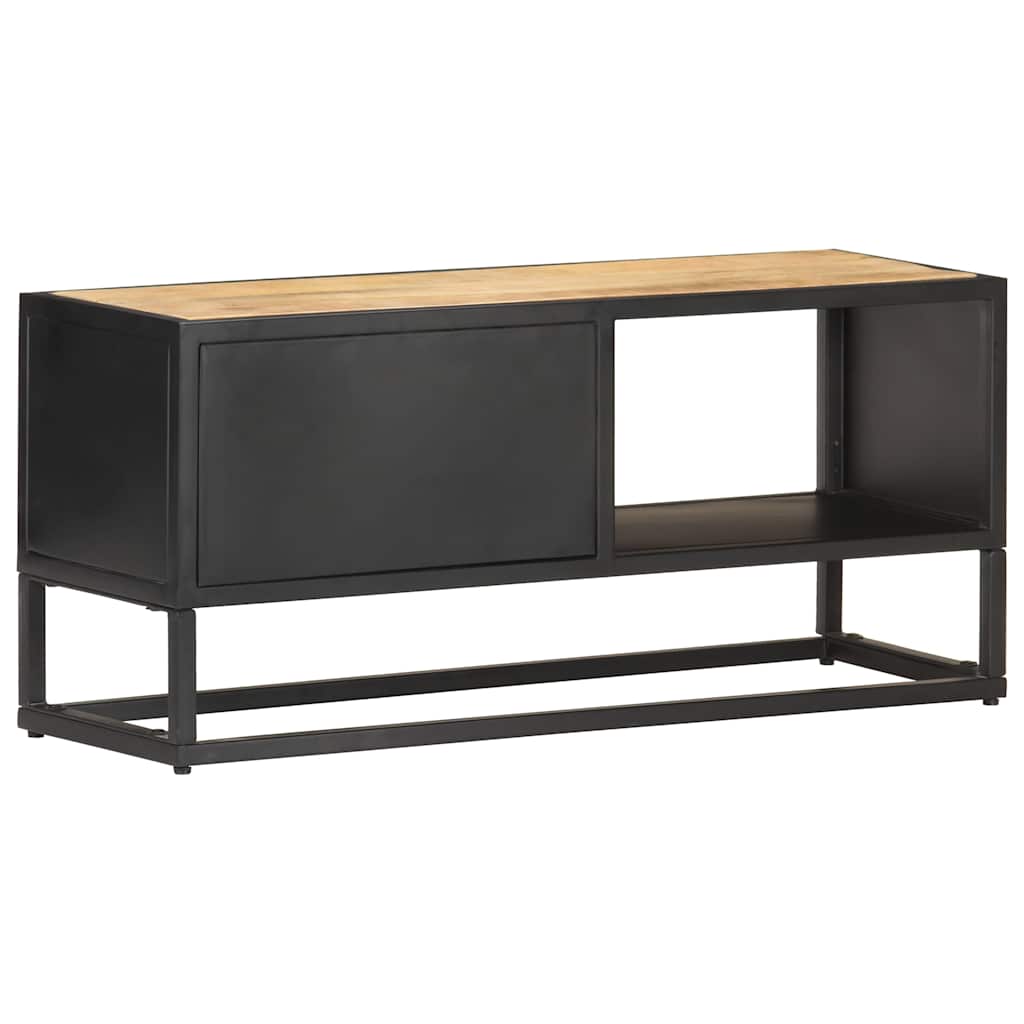 This entertainment centre shows its side profile with a carved door and open shelf