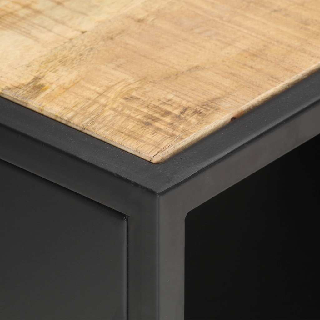 Close-up of the rough mango wood top and black metal frame of the TV cabinet