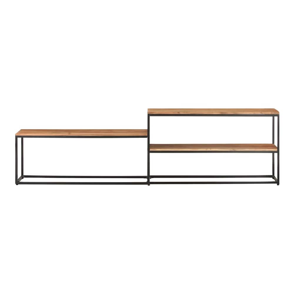 This long TV cabinet has a solid acacia wood top and shelves with a black metal frame